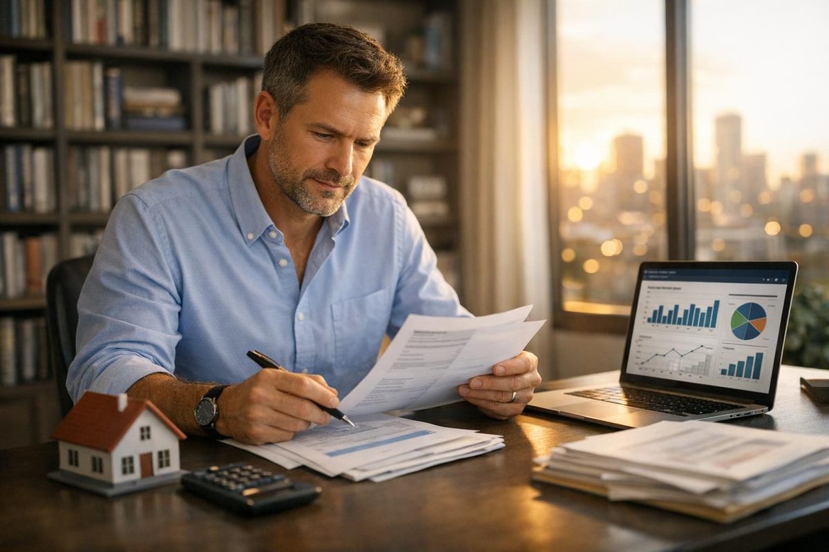Real estate investor reviewing DSCR loan documents and property data at a home office