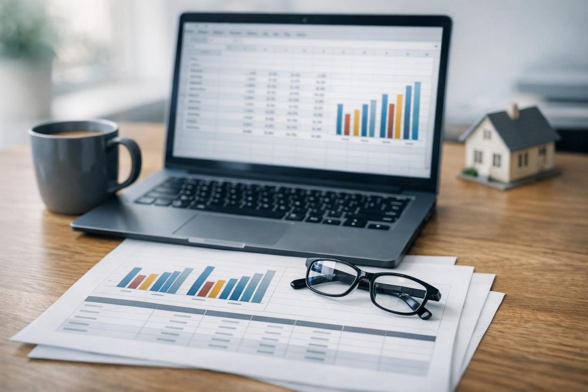 Financial analyst comparing the best DSCR loan rates on a laptop with printed reports