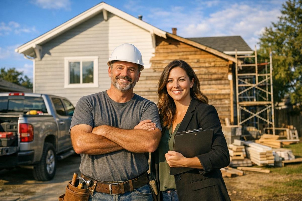 Contractor and investor reviewing a fixer-upper home for a BRRRR real estate strategy