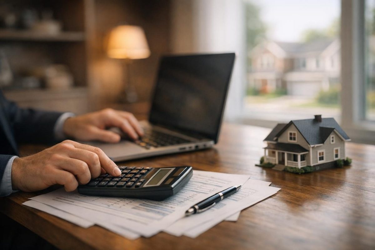 Investor using a DSCR loan calculator alongside financial statements at a desk