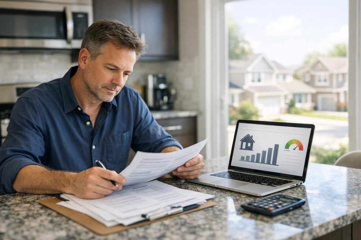 Property investor reviewing DSCR refinance options with paperwork and laptop