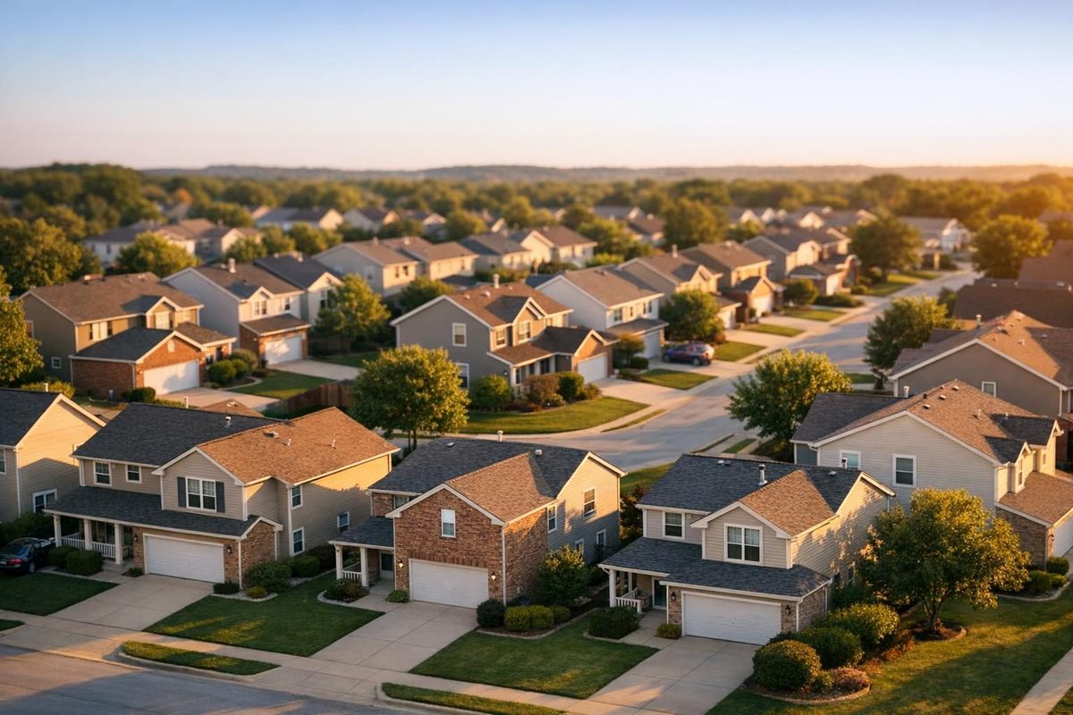 Suburban neighborhood of rental investment properties at golden hour