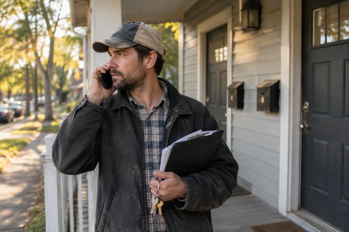 Rental investor on a call from a duplex porch, ready to ask Best DSCR Calculators a financing question